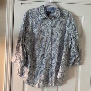 Ralph Lauren Chaps Women’s Blue and White Paisley Casual Button Down Shirt